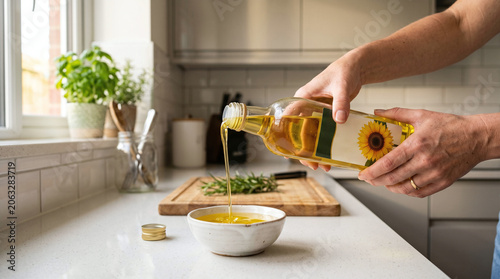 A person pours sunflower oil from a bottle into a small bowl. Fresh herbs are visible on a wooden cutting board in a bright kitchen setting.