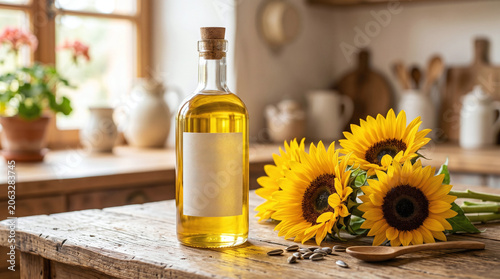 A bottle of sunflower oil sits on a wooden table next to a bouquet of bright sunflowers. The kitchen background features rustic decor and natural light.