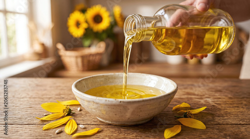 Sunflower oil is being poured from a glass bottle into a ceramic bowl. Sunflower petals are scattered around the bowl. A bouquet of sunflowers is in the background.