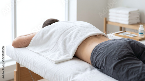 A young Caucasian man lies face down on a massage table, covered with a white towel. The setting is a bright, serene acupuncture clinic with soft lighting.