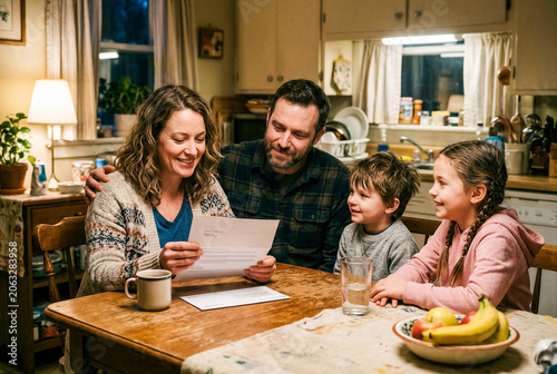 Happy Family Reading Important Documents Together at Home Kitchen Table with Hopeful Expressions