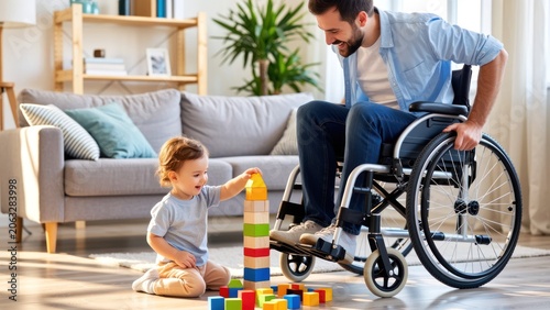 disabled black parent stacking colorful building blocks with young son at home