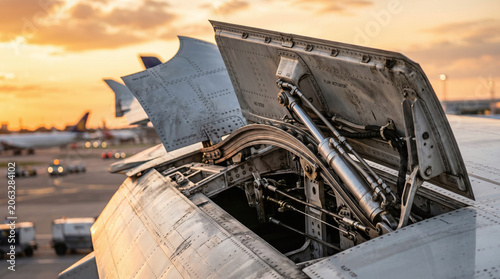 Close-up of an aircraft's open maintenance hatch at sunset. Mechanical components are visible, showcasing the intricate engineering of aviation technology.