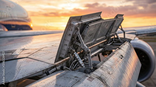 Close-up of an aircraft wing with an open access panel. The scene captures mechanical components and details against a sunset backdrop.