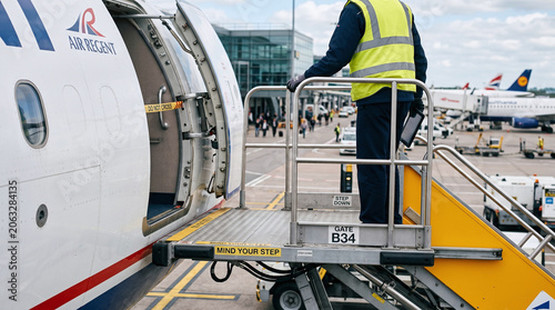 A ground crew member in a yellow safety vest stands on a boarding staircase next to an aircraft at an airport. The scene shows various planes in the background.