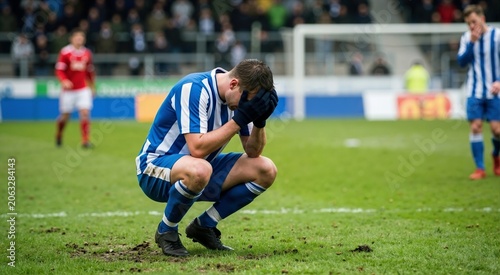 Devastated soccer player crouching on pitch with head in hands after missing shot. Emotional football athlete reacting to defeat during match