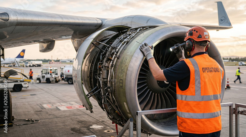 A male technician inspects a jet engine on an aircraft at an airport. He wears an orange safety vest and a helmet. The scene is set during sunset.