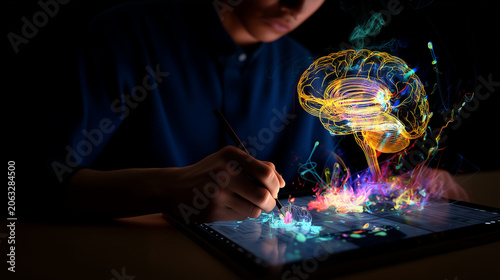 An artist creating digital artwork, with a vibrant glowing brain hologram projecting abstract color fields, design wireframes, and creative thoughts. artist, designer, creative, di