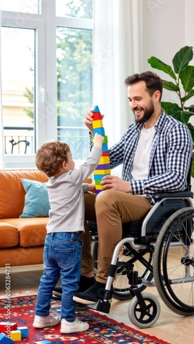 disabled parent playing with child in bright living room