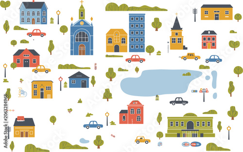 Cute city map vector with colorful buildings winding roads tiny cars lake and trees for kids playroom deco