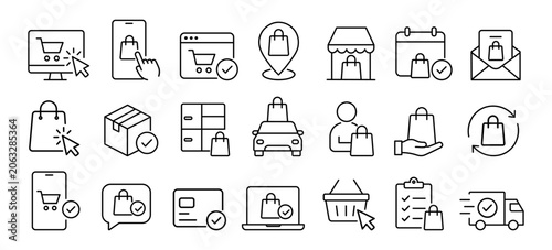 Online order pickup and delivery service editable stroke outline icons set isolated on white background flat vector illustration.