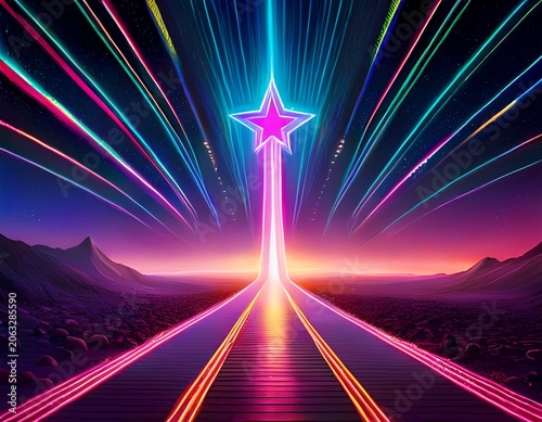 neon arrow guides radiant beams through cosmic landscape stars glow