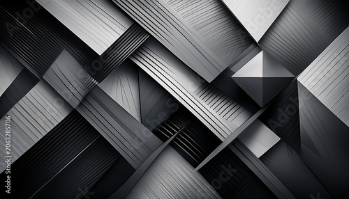 an abstract grayscale image displaying intersecting layered geometric shapes with diagonal lines and varying tones creating a sense of depth
