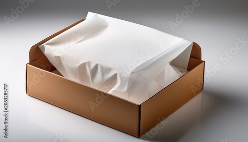 empty brown box with soft white tissue paper lining on a clean light surface
