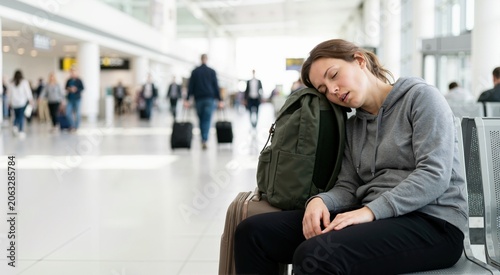 Tired young woman sleeping on her luggage in an airport terminal. Exhausted female passenger waiting for a delayed flight. Travel fatigue and long layover concept