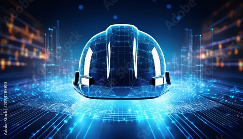digital construction helmet floating over an abstract futuristic background with glowing data points and lines representing the flow of information in modern engineering design