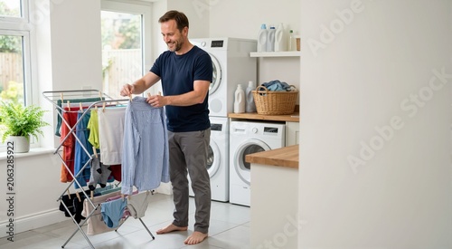 Smiling man hanging wet clothes on a metal drying rack. Adult male doing laundry in a bright modern utility room. Household chores and domestic lifestyle