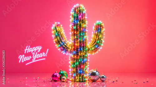 Festive cactus decorated with colorful holiday lights and ornaments on a vibrant pink background.