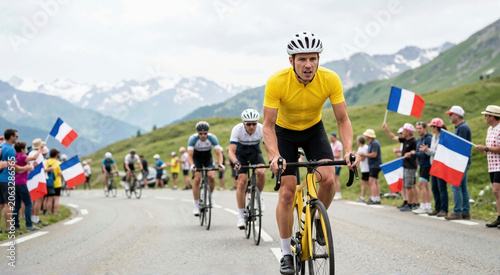 Professional cyclist in a yellow jersey leading a mountain race. Athletes riding bicycles uphill while spectators wave French flags. Competitive cycling sports event