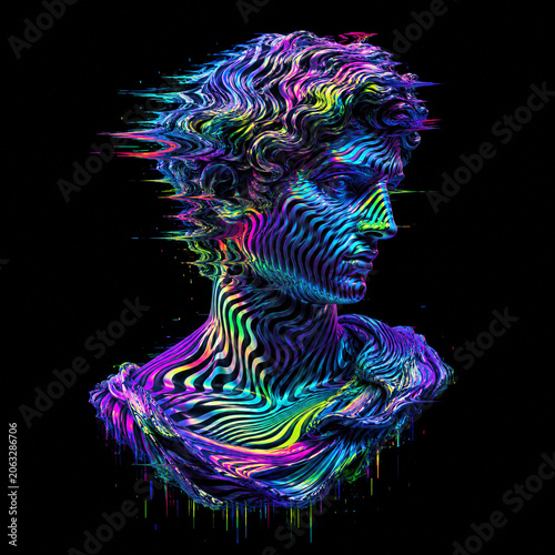 A colorful neon classical bust dissolves into psychedelic digital waves on black.