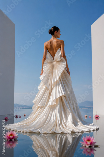 Elegant woman in a white gown poses beside a pool overlooking the sea.