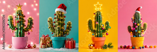 Four festive cacti decorated with lights and ornaments create a colorful Christmas collage.