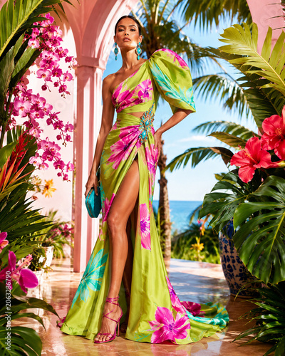 Elegant woman in a flowing lime dress poses among lush tropical flowers.