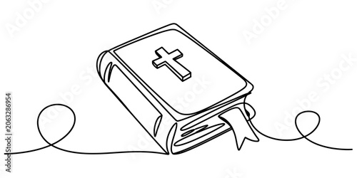 Single line drawing of a closed holy bible book with a cross on the cover and a bookmark Vector, illustration
