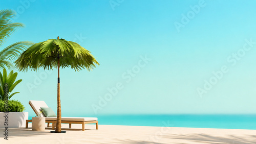 A tropical sun lounger rests beneath a palm leaf umbrella beside the turquoise sea.