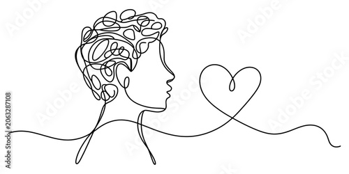 Continuous line drawing of a person's profile with a heart shape emerging from their thoughts, symbolizing love and connection Vector, illustration