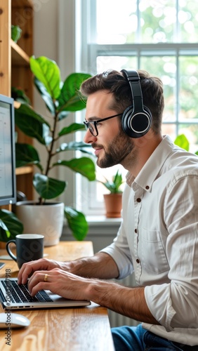 black male freelancer using laptop with headphones in bright home office