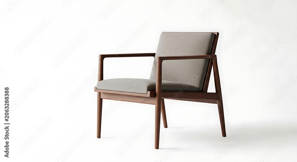 Obraz premium Modern wooden armchair with grey upholstered seat and backrest isolated on white background