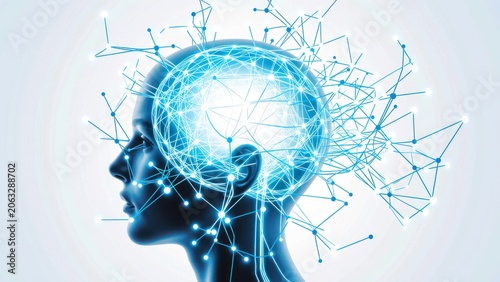 digital mind visualization with glowing neural network and head profile