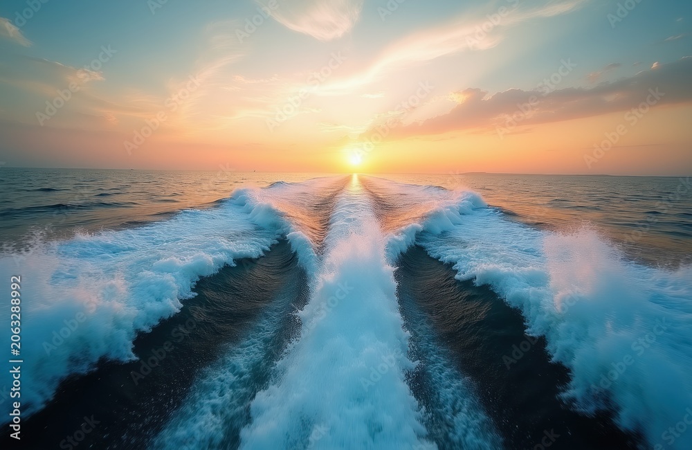 Obraz premium Fast motorboat leaves foamy white trail on calm blue sea water. Sunset paints sky with orange and yellow hues. Ocean waves reflect golden light. Nautical journey begins.
