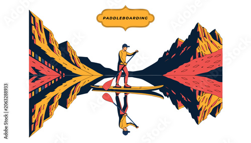 Very beautiful colorful vector illustration featuring a PADDLEBOARDER gliding across a calm mountain lake, crystal reflections, golden morning light, balanced athletic stance, and decorative label rea