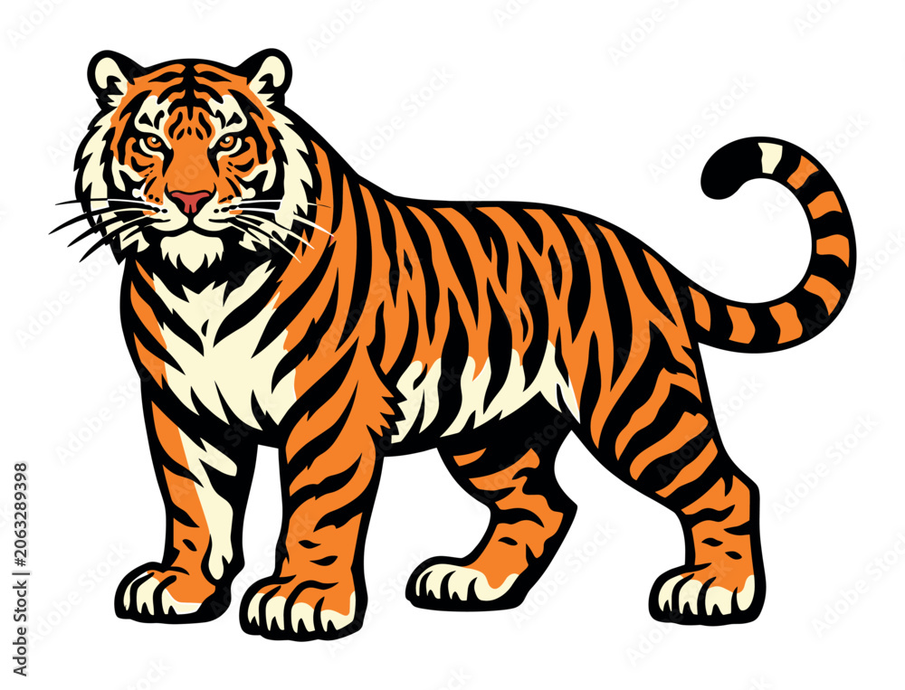 Obraz premium Standing tiger illustration, a fierce predator marked by orange and black stripes, embodying power and untamed wilderness