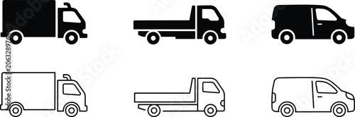 Obraz na plátne Set of six black and white vehicle featuring box trucks, flatbed trucks, and car