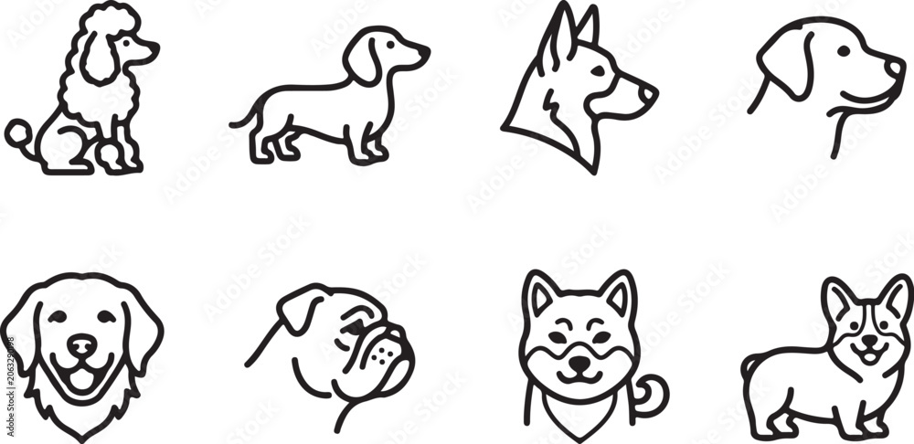 Obraz premium Eight stylish cartoon dog breeds illustration