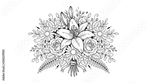 Black and white floral bouquet with roses, lilies, and daisies on white background, flowers