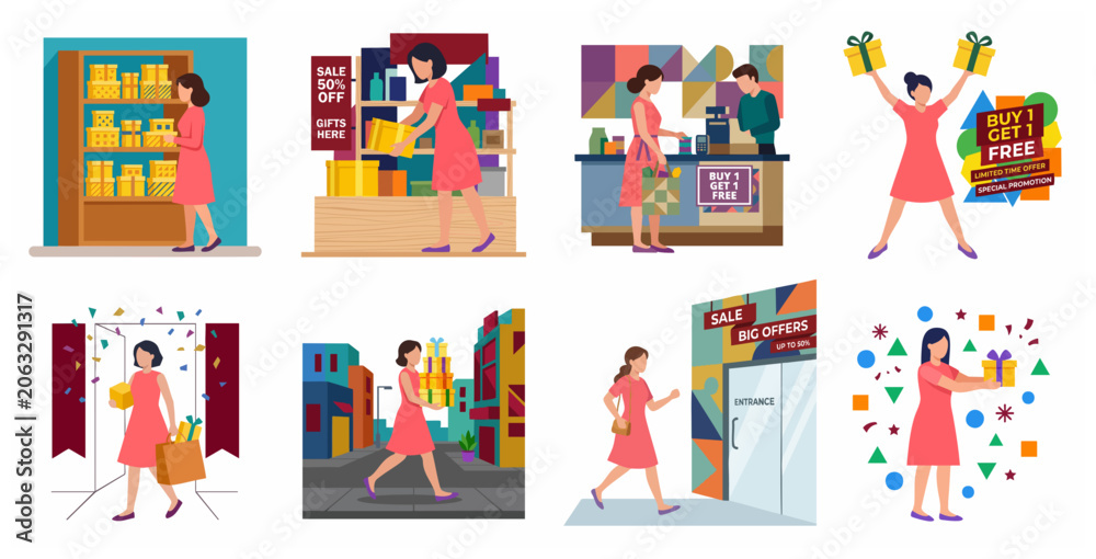 Fototapeta premium Set of Flat Illustrations Showing a Woman Shopping for Gifts and Enjoying Sales and Promotions