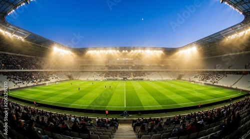 Wide-angle view of an illuminated soccer stadium at night with players on the pitch and fans in the stands