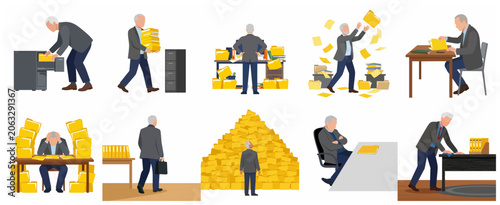 Φωτογραφία Senior businessman struggling with overwhelming paperwork and folder filing system, vector illustration set of office stress and workload concepts