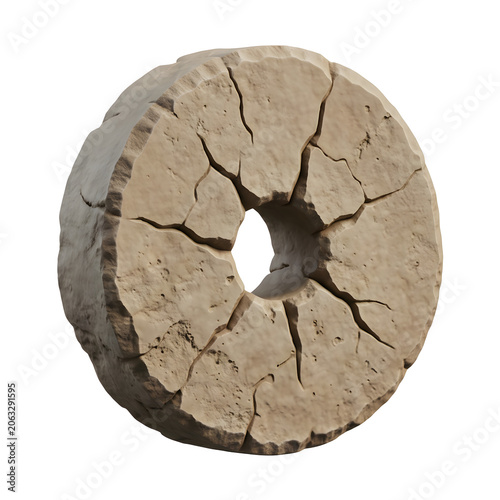 Cracked ancient stone wheel on white background
