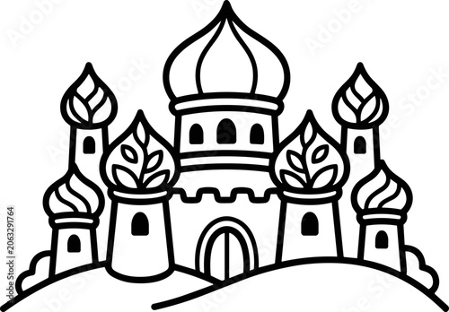 Cuadro en lienzo Stylized Castle Illustration with Onion Domes and Turrets, Black and White Outli