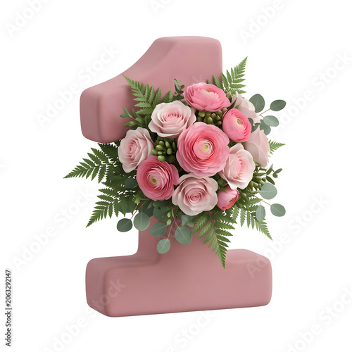Pink Number One with Flowers Decoration