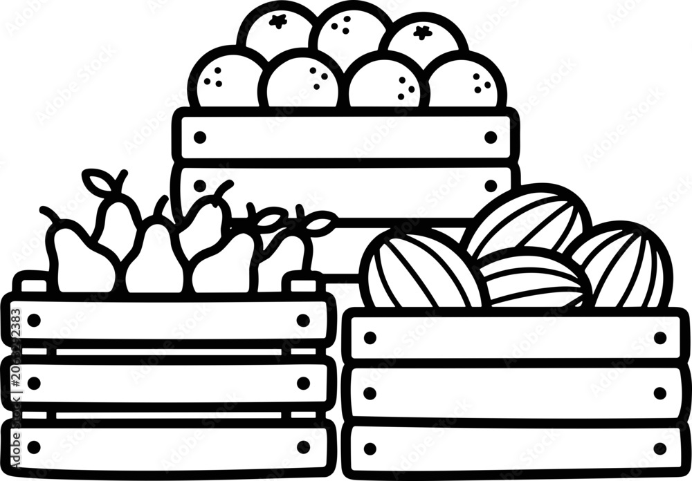 Fototapeta premium Fresh Fruit Crate Illustration - Oranges, Pears, Watermelons - Farm Fresh Produce
