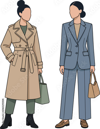 Business Woman Fashion Flat Illustration Trench Coat Suit Vector Set