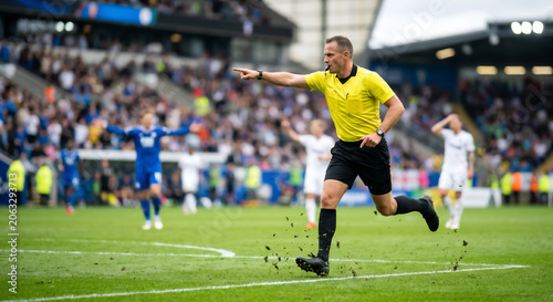 Dynamic action shot of a soccer referee running and blowing a whistle during a football match