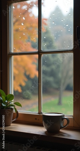 Rainy Autumn Window With Coffee Cup Cozy Indoor