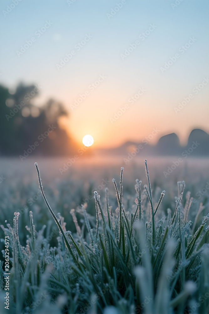 Obraz premium Frosted grass blades in a field at sunrise a scenic outdoor photograph with a soft color palette frost winter frozen